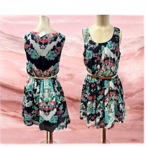 IZ,Woman,Dress Spring,Multicolor,Size M,Sleeveless,Floral,Knee Length, Belt.!